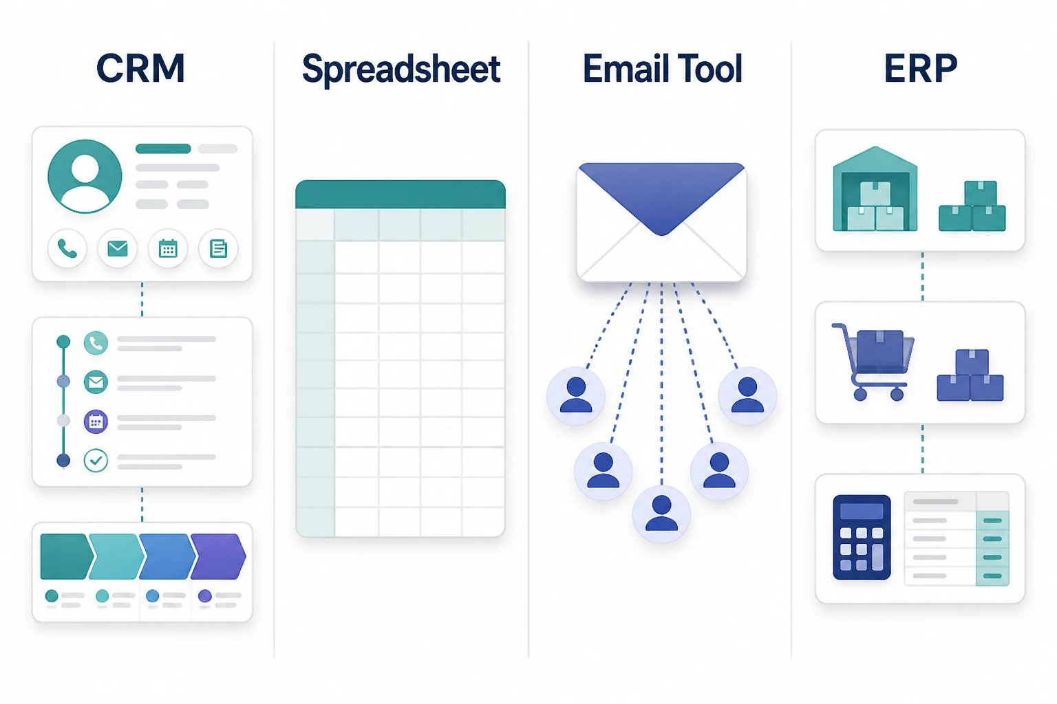 CRM compared with spreadsheets, email tools and ERP