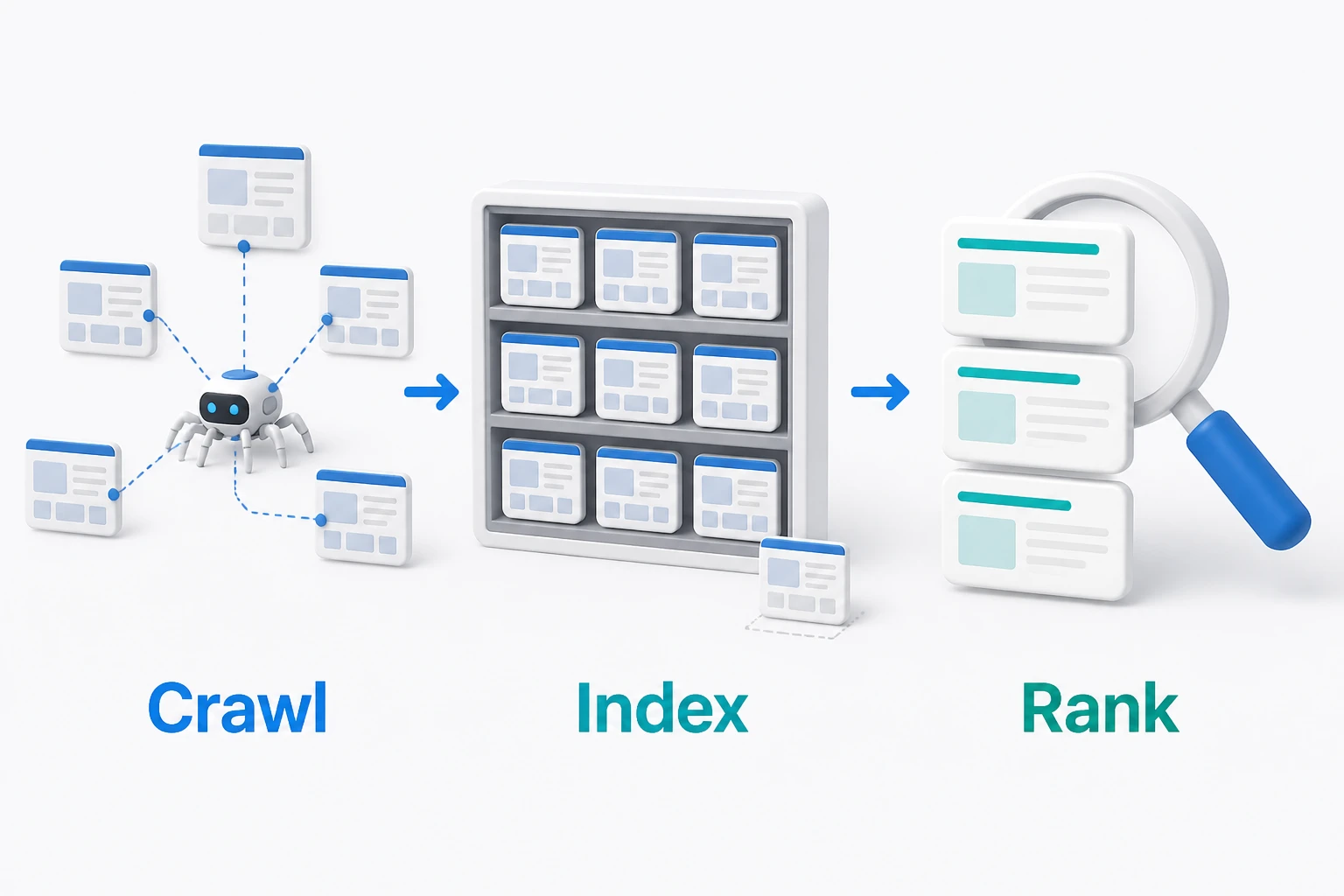 Search engine crawling, indexing, and ranking stages