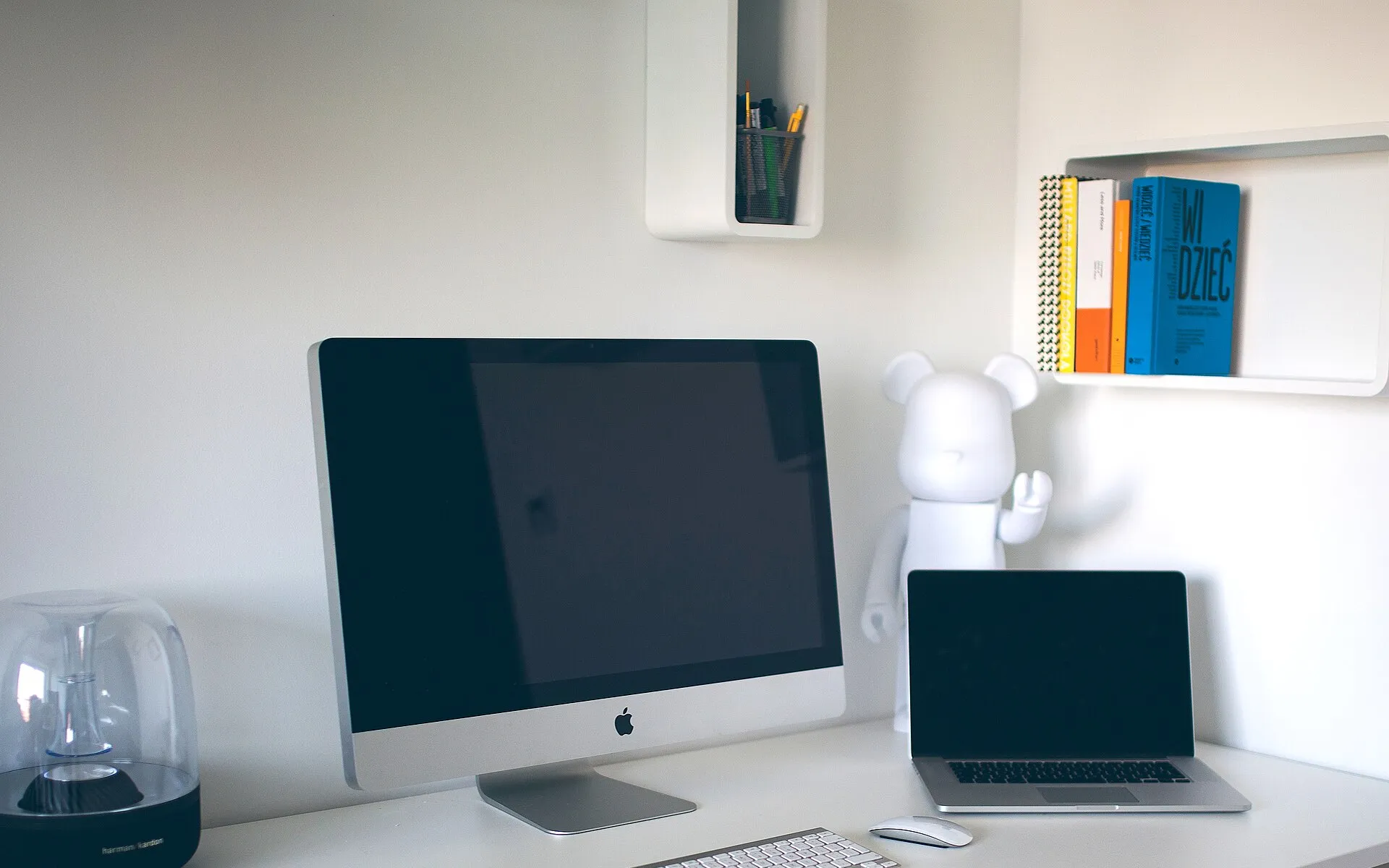 An office table and computers