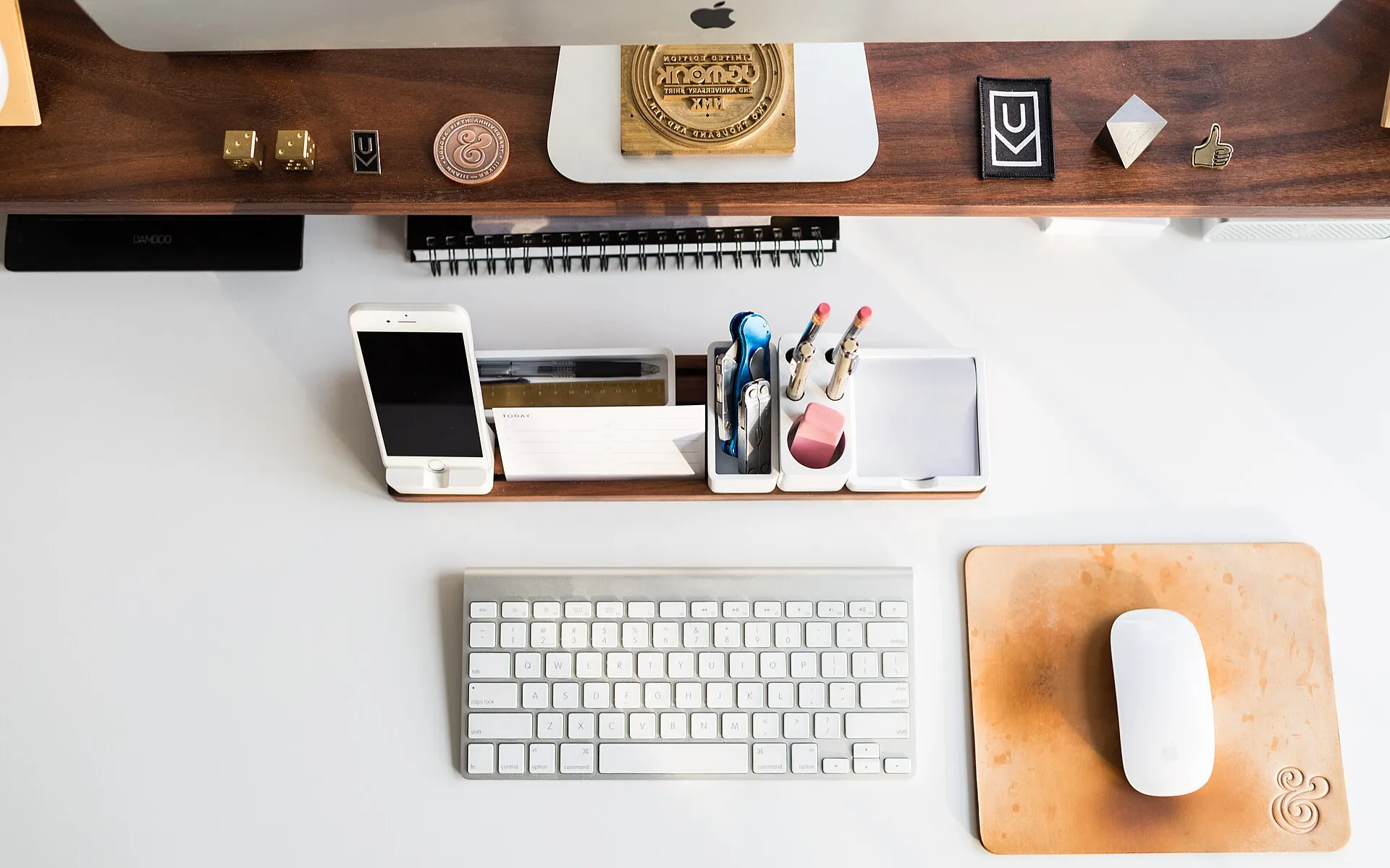 Overhead desktop workspace