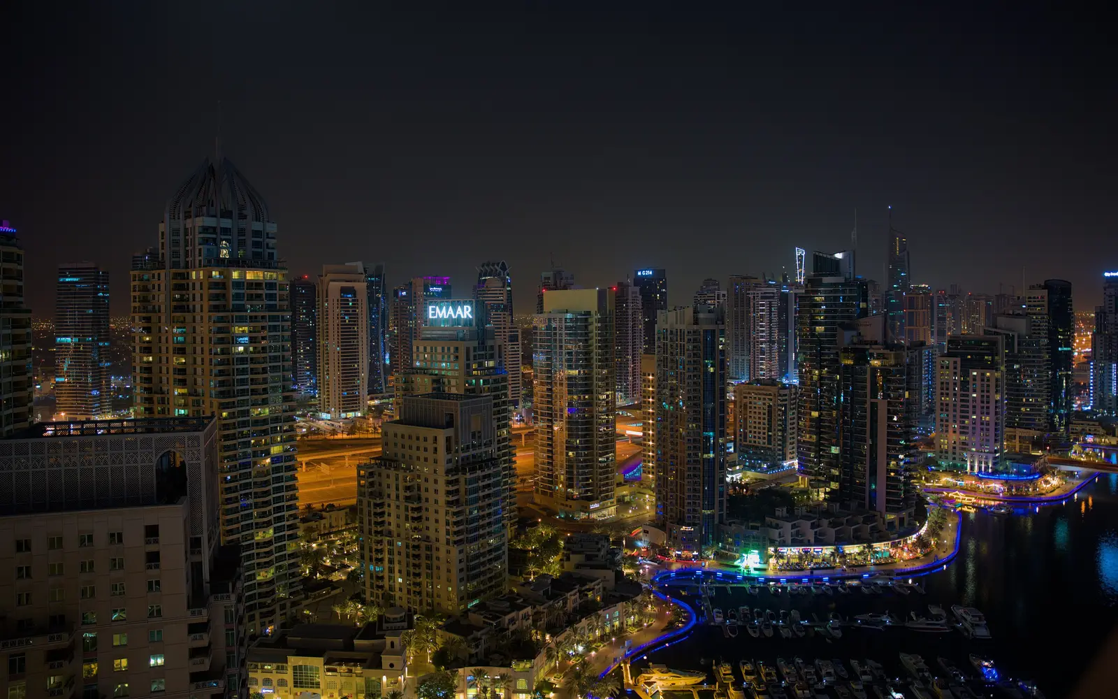 Dubai Marina towers at night