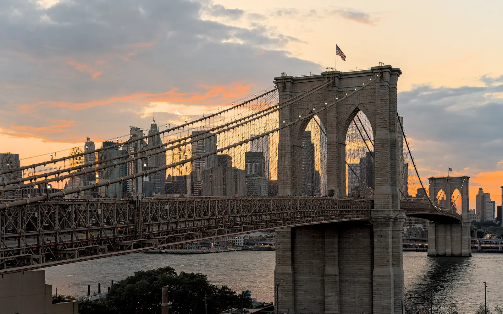 American city skyline at sunset