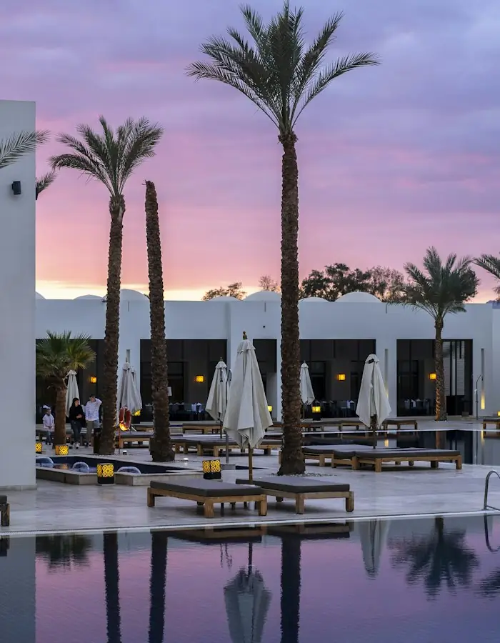 Hotel pool and palm trees at sunset